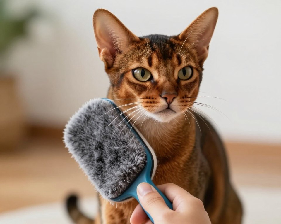 Abyssinian cat being groomed with appropriate brush