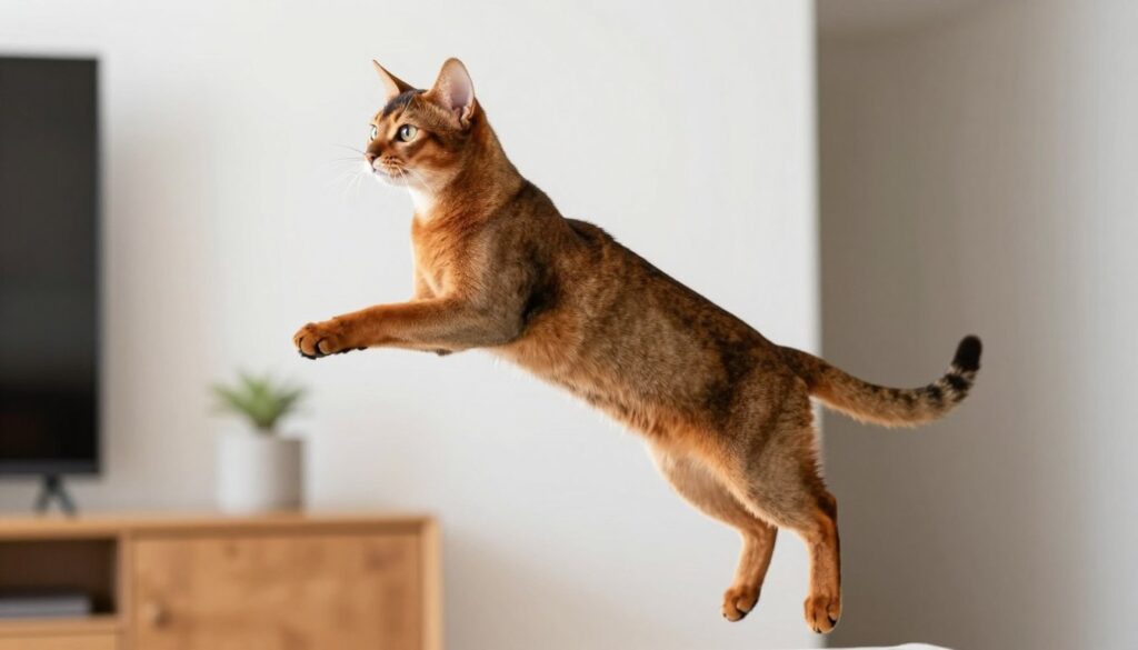 Abyssinian cat demonstrating impressive jumping ability