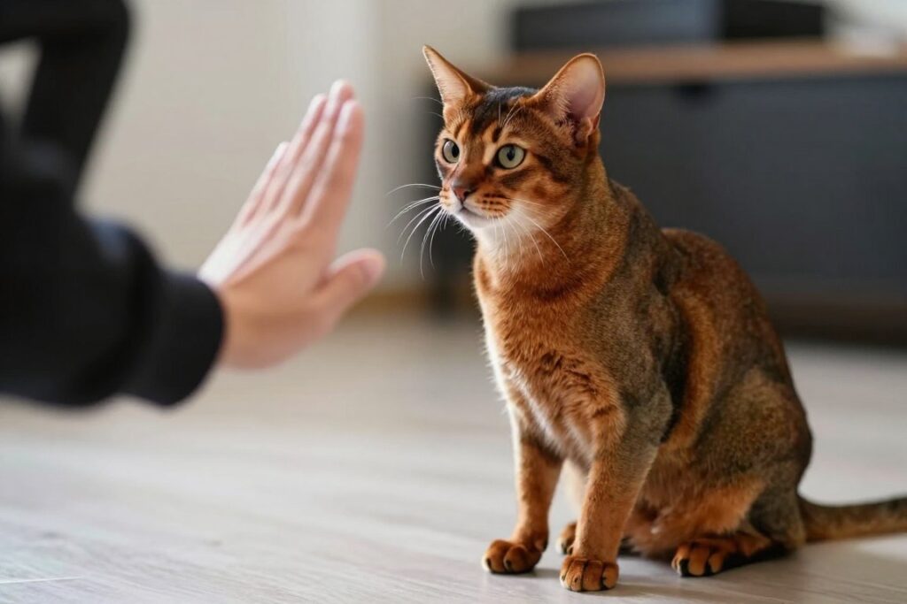 Abyssinian cat during training session responding to commands