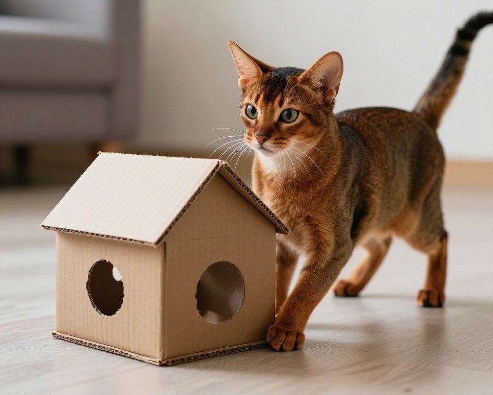 Abyssinian cat playing with DIY enrichment toy
