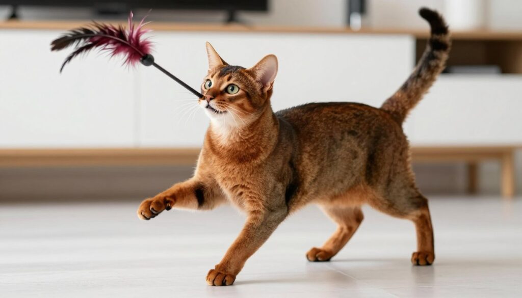 Abyssinian cat playing with interactive toy