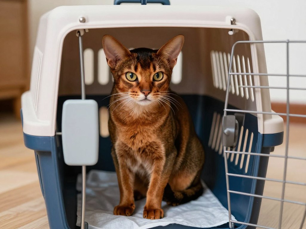 Abyssinian cat relaxed in a travel carrier