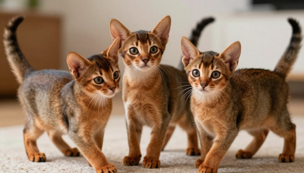 Abyssinian kittens playing together showing breed characteristics