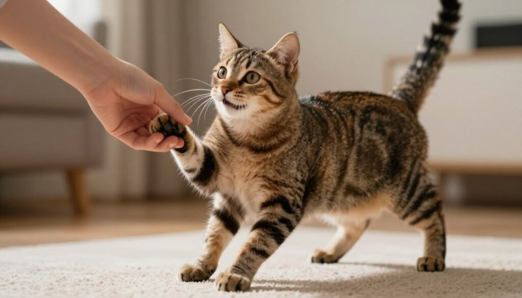 American Bobtail cat playing interactively with owner