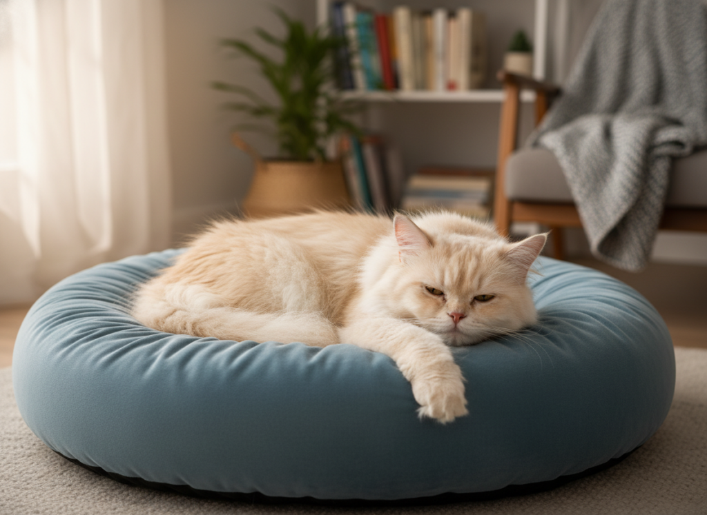 Calm Persian cat resting peacefully on a comfortable surface showing gentle temperament