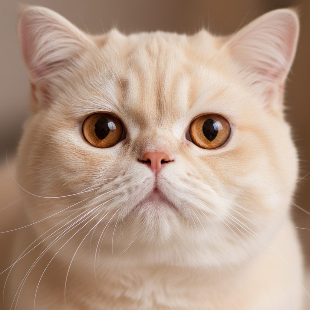 Close-up of Persian cat face showing large round copper eyes and flat facial structure