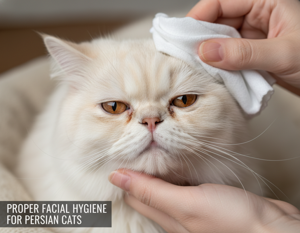 Close-up showing proper facial cleaning technique for Persian cat eyes and nose area