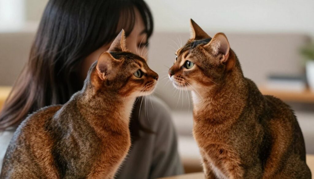 Happy Abyssinian cat with loving owner in home environment
