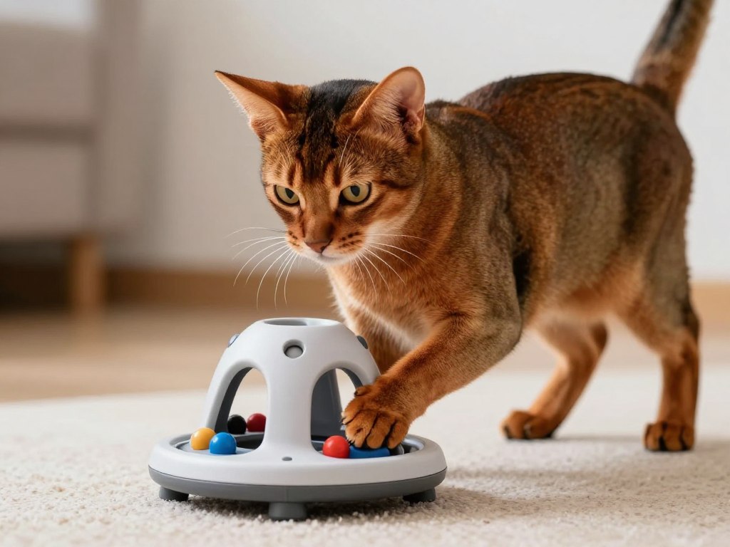 Intelligent Abyssinian cat solving puzzle toy