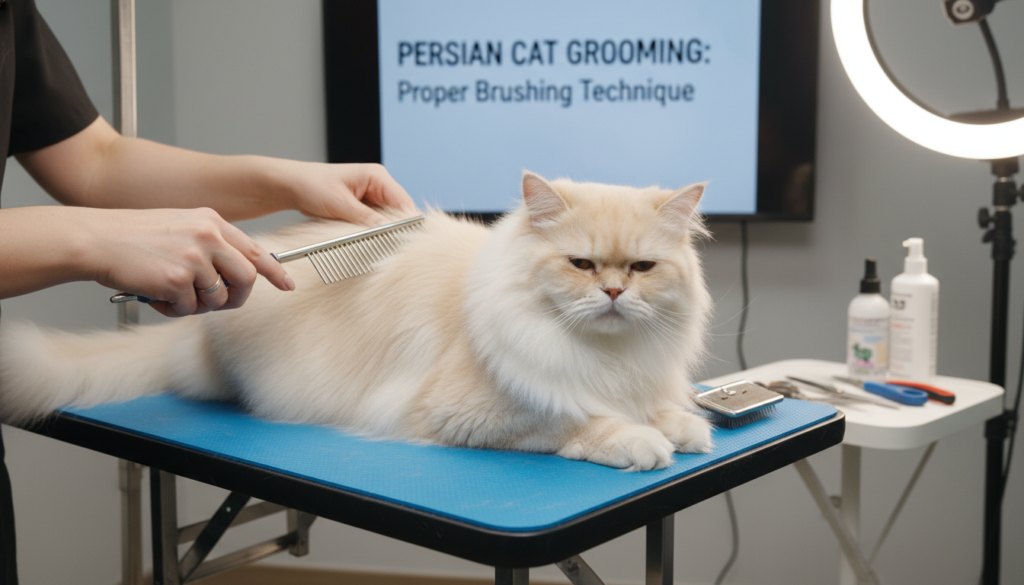 Persian cat being groomed with professional brush showing proper grooming technique