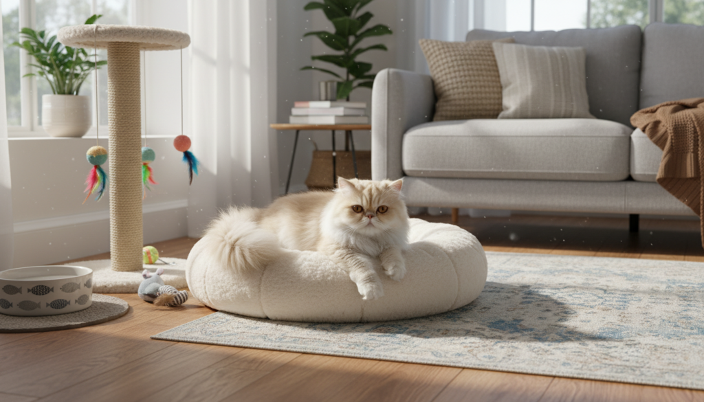Persian cat relaxing in comfortable indoor home environment
