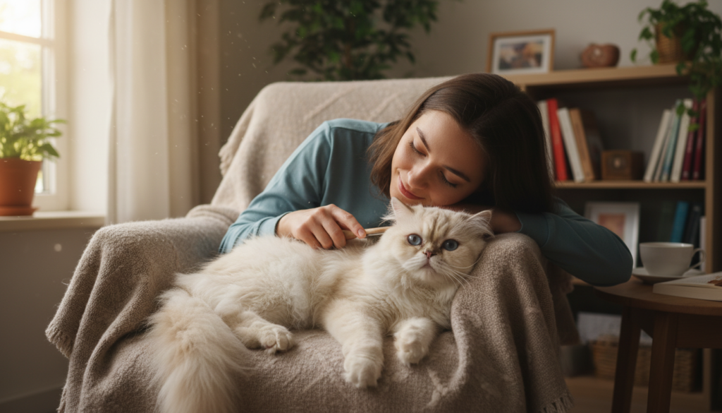 Person bonding with Persian cat through gentle interaction