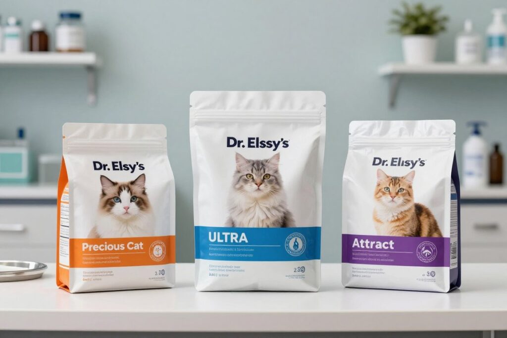 Dr. Elsey's cat litter products line-up showing various formulas