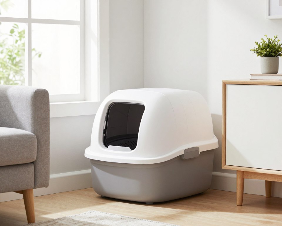 cat litter box in clean home environment showing effective odor control