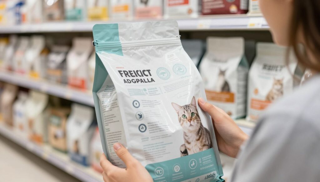 cat owner reading cat litter product information