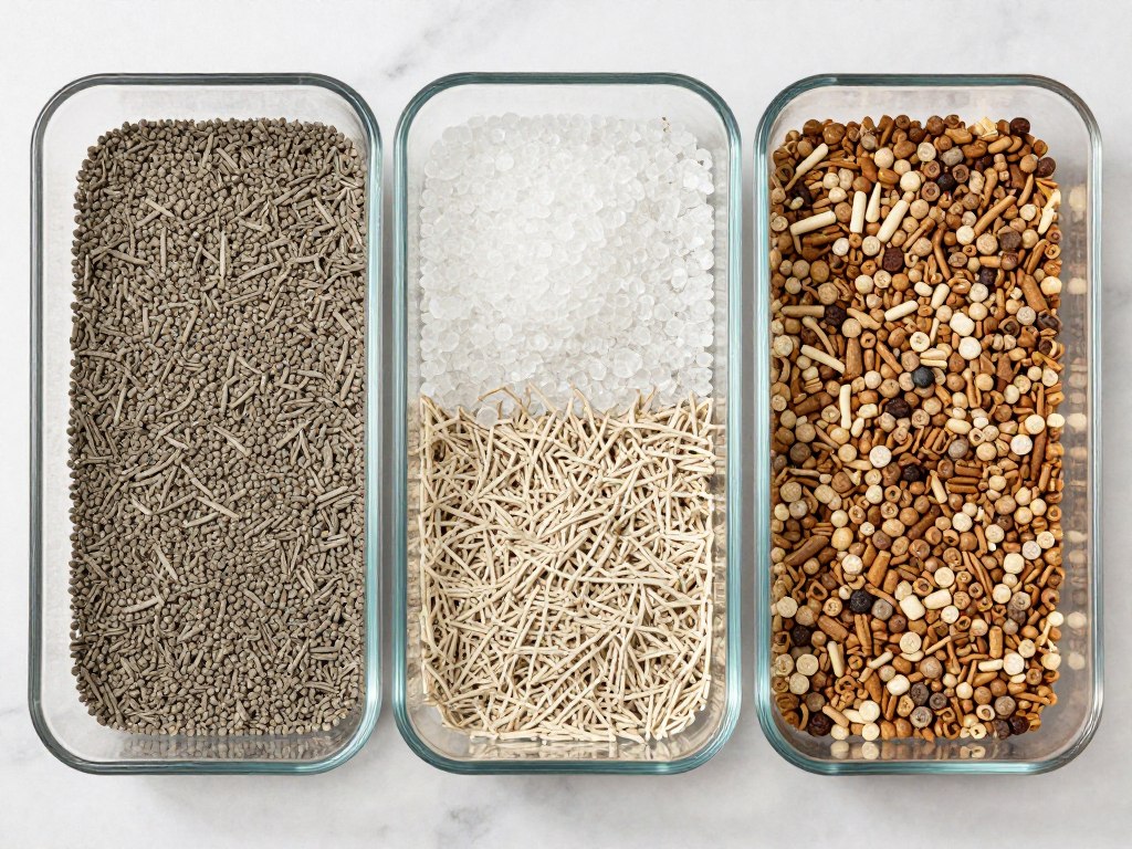 different types of cat litter displayed in clear containers showing clay, crystal, and natural varieties