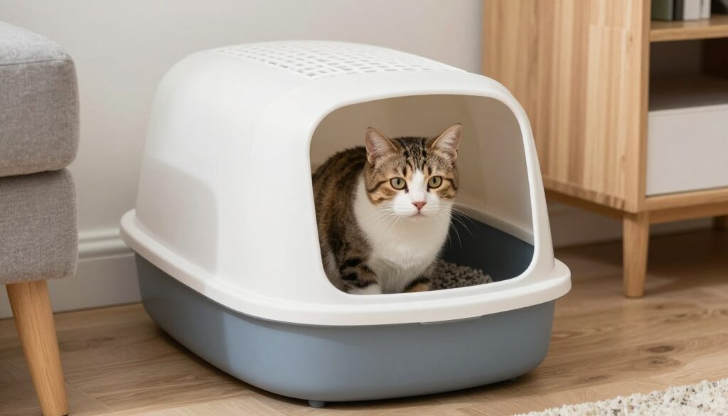 happy cat using clean litter box in modern home