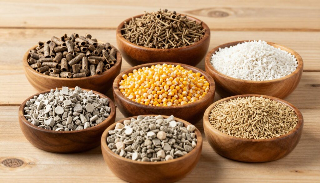 natural cat litter varieties including wood, paper, and corn-based options