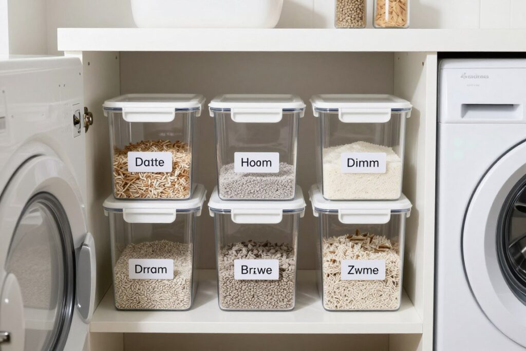 organized cat litter storage containers in laundry room