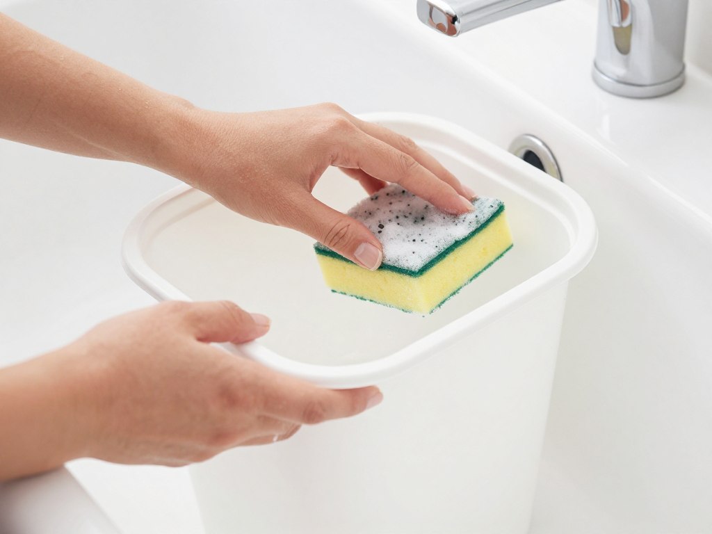 person cleaning empty litter box with soap and water